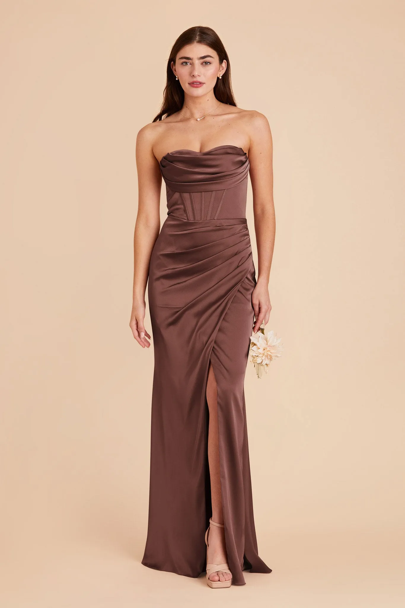 Carrie Matte Satin Dress - Chocolate Brown sold by Birdy Grey