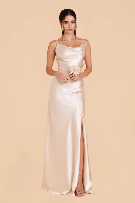 Lisa Long Shiny Satin Dress - Champagne sold by Birdy Grey