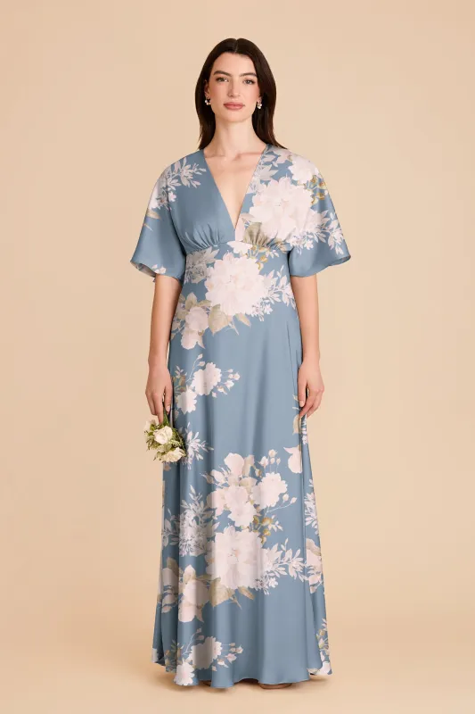 Shyla Matte Satin Dress - Dusty Blue Romantic Bouquet sold by Birdy Grey