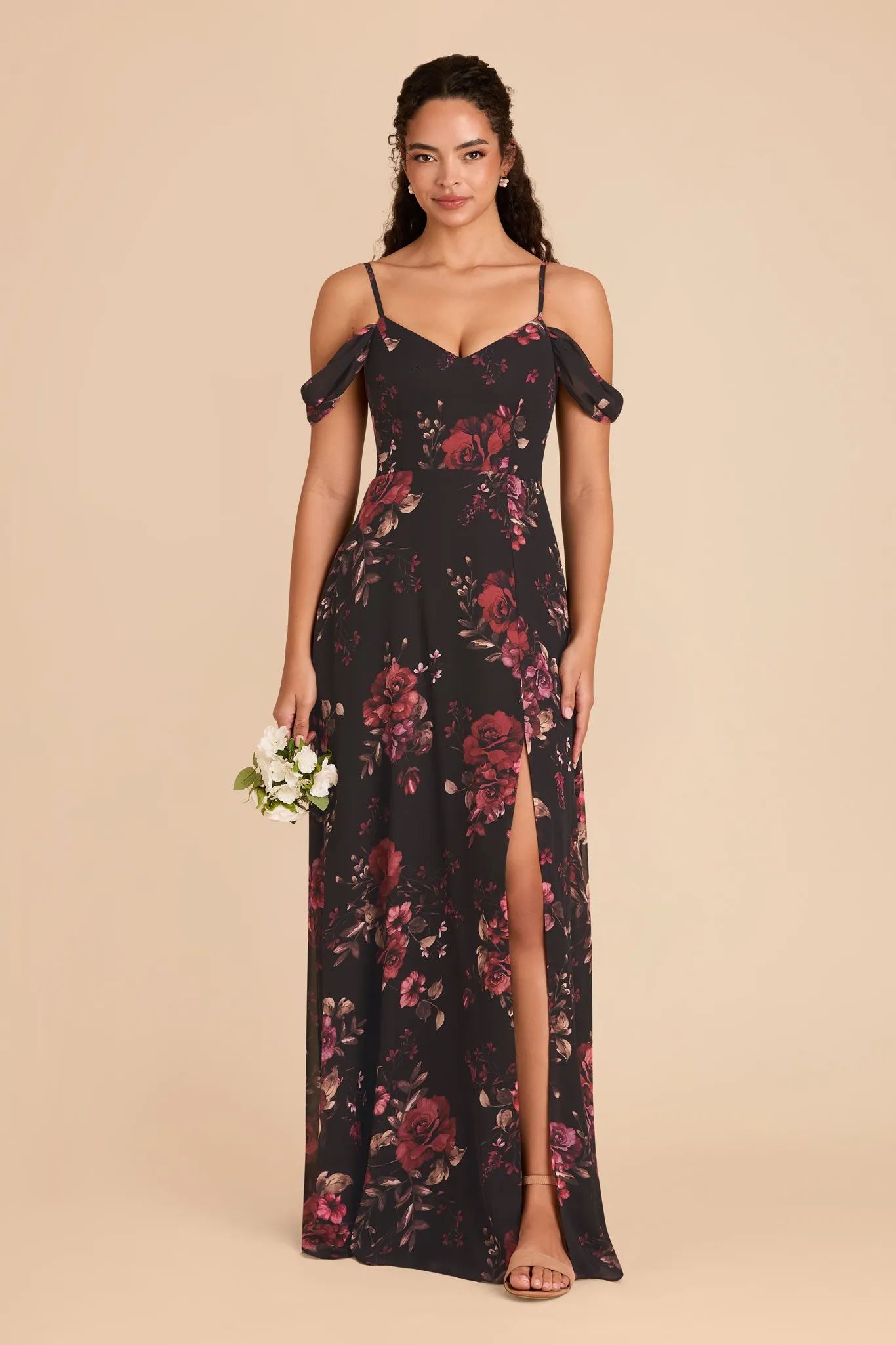 Devin Chiffon Dress With Slit - Black Fleurs D'Amour sold by Birdy Grey