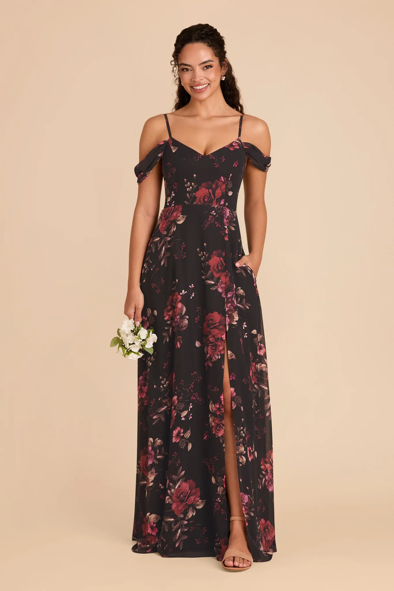 Devin Chiffon Dress With Slit - Black Fleurs D'Amour sold by Birdy Grey product image thumbnail 3
