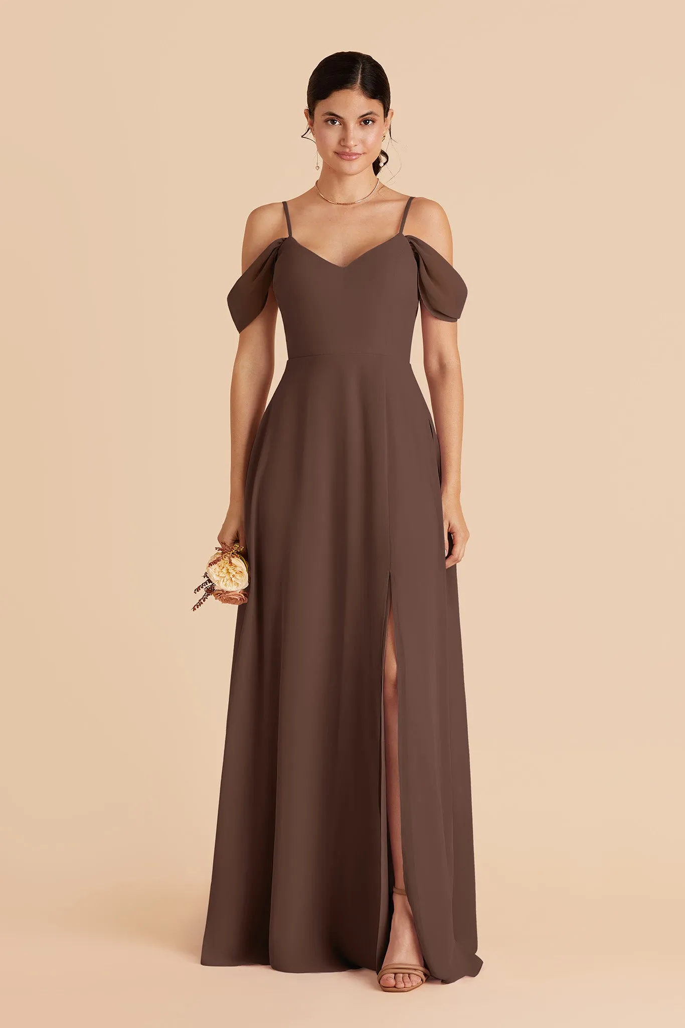 Devin Chiffon Dress With Slit - Chocolate Brown sold by Birdy Grey