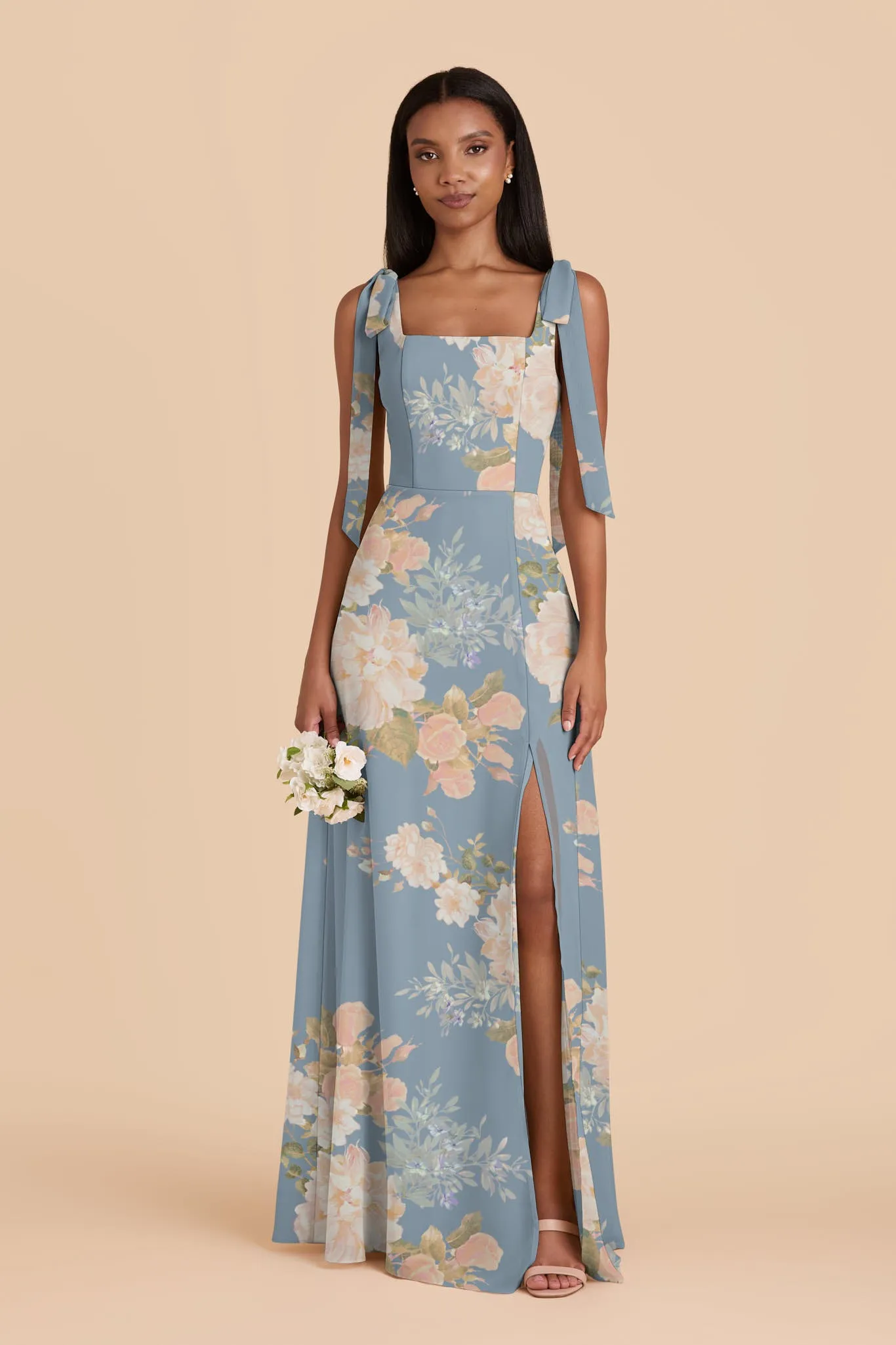 Alex Chiffon Dress - Dusty Blue Romantic Bouquet sold by Birdy Grey