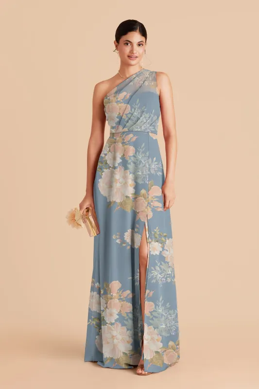 Kira Chiffon Dress With Slit - Dusty Blue Romantic Bouquet made by Birdy Grey