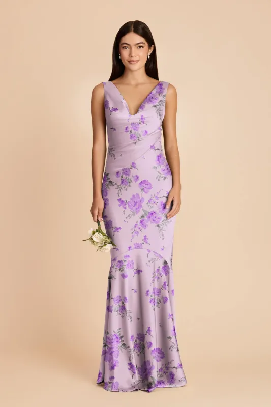 Alexis Matte Satin Dress - Lavender Multi Whimsical Blooms made by Birdy Grey
