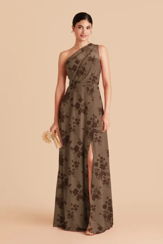 Kira Chiffon Dress Slit - Mocha Whimsical Blooms made by Birdy Grey