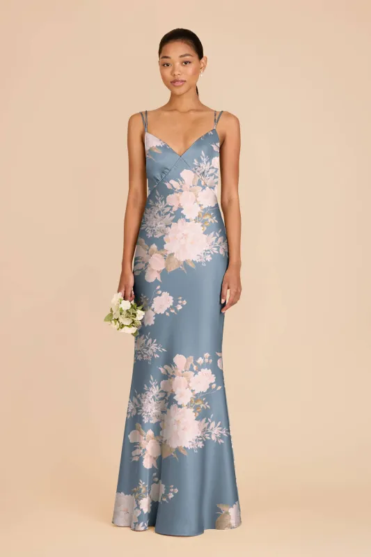 Dasha Matte Satin Dress - Dusty Blue Romantic Bouquet made by Birdy Grey