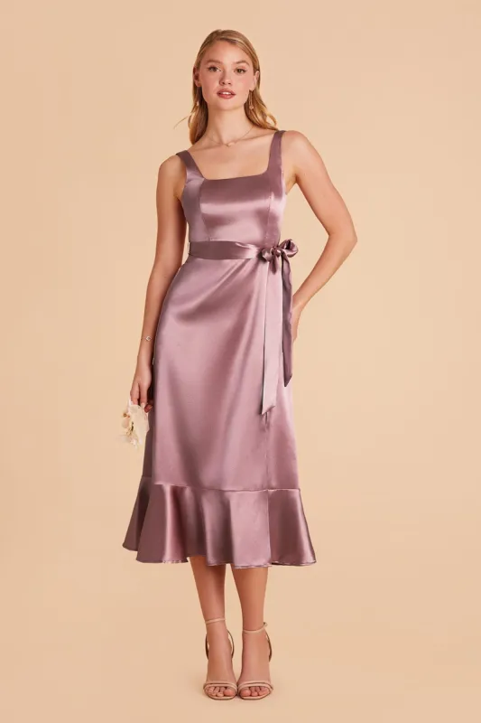 Eugenia Shiny Satin Convertible Midi Dress - Dark Mauve sold by Birdy Grey