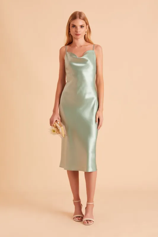 Lisa Shiny Satin Midi Dress - Sage sold by Birdy Grey