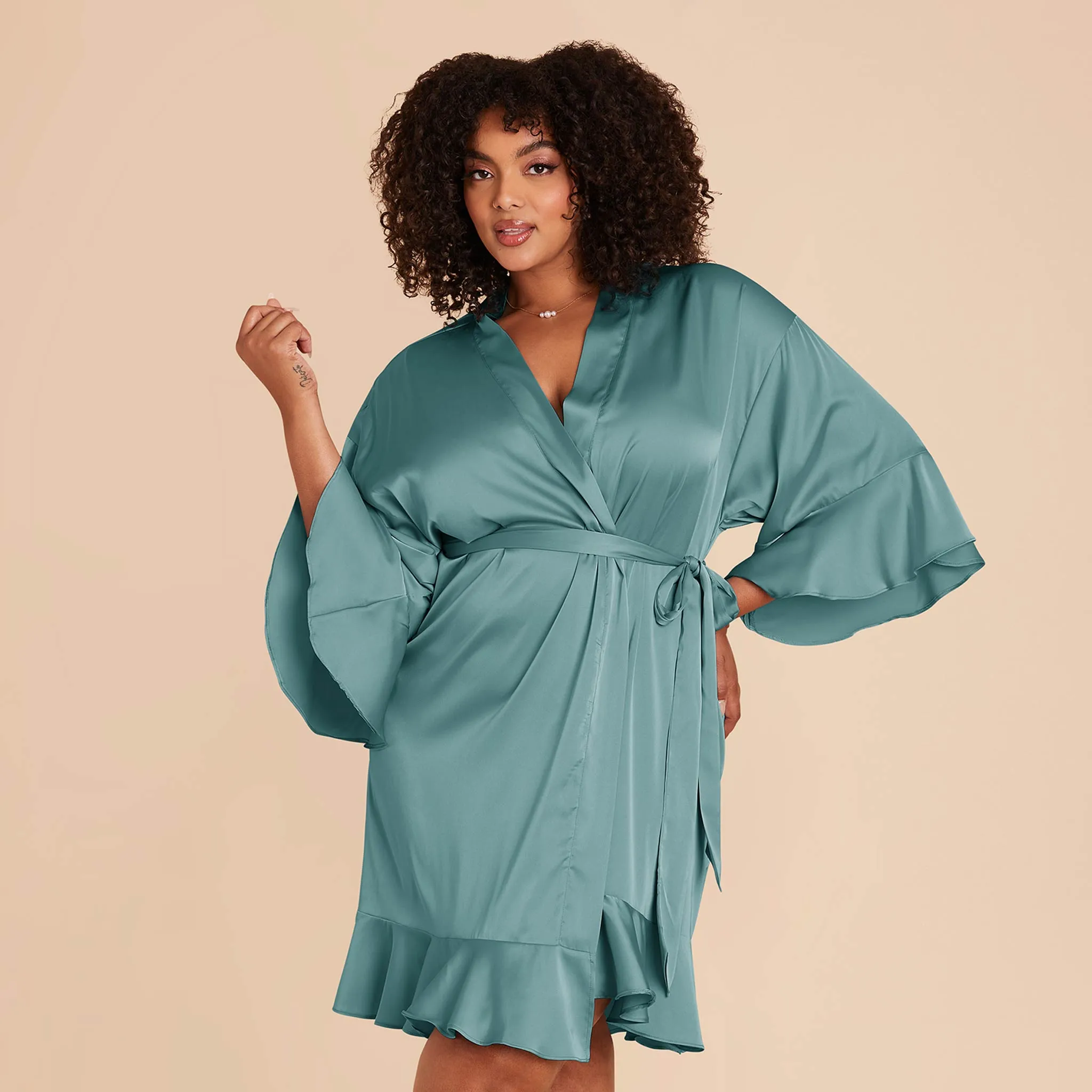 Kenny Ruffle Satin Robe - Sea Glass sold by Birdy Grey product image thumbnail 3