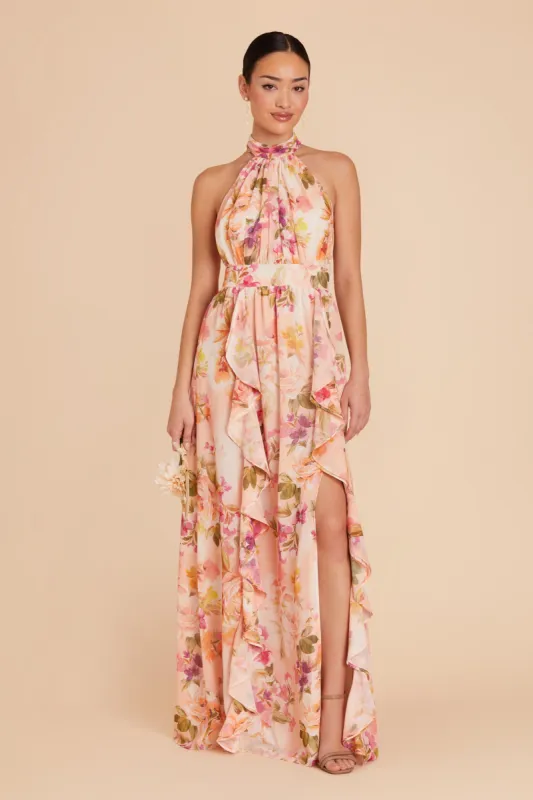 Joyce Chiffon Dress - Coral Sunset Peonies sold by Birdy Grey