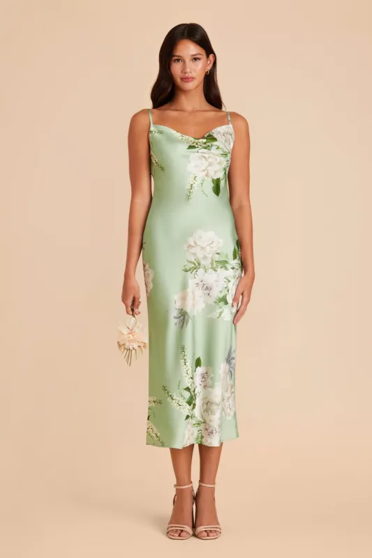 Lisa Matte Satin Midi Dress - Pistachio Garden Bloom sold by Birdy Grey