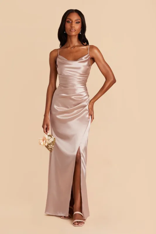 Lydia Shiny Satin Dress - Taupe sold by Birdy Grey