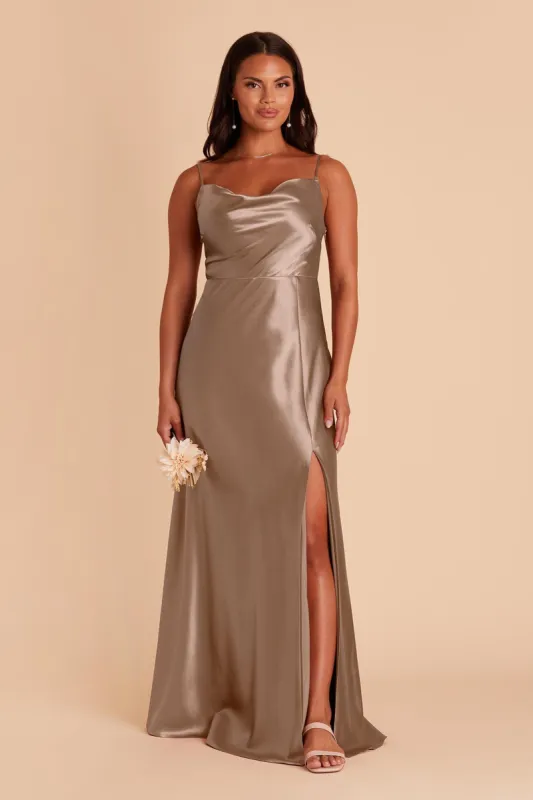 Lisa Long Shiny Satin Dress - Mocha sold by Birdy Grey