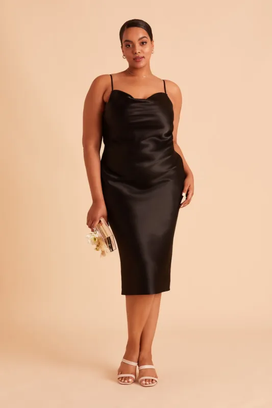 Lisa Shiny Satin Midi Dress - Black sold by Birdy Grey