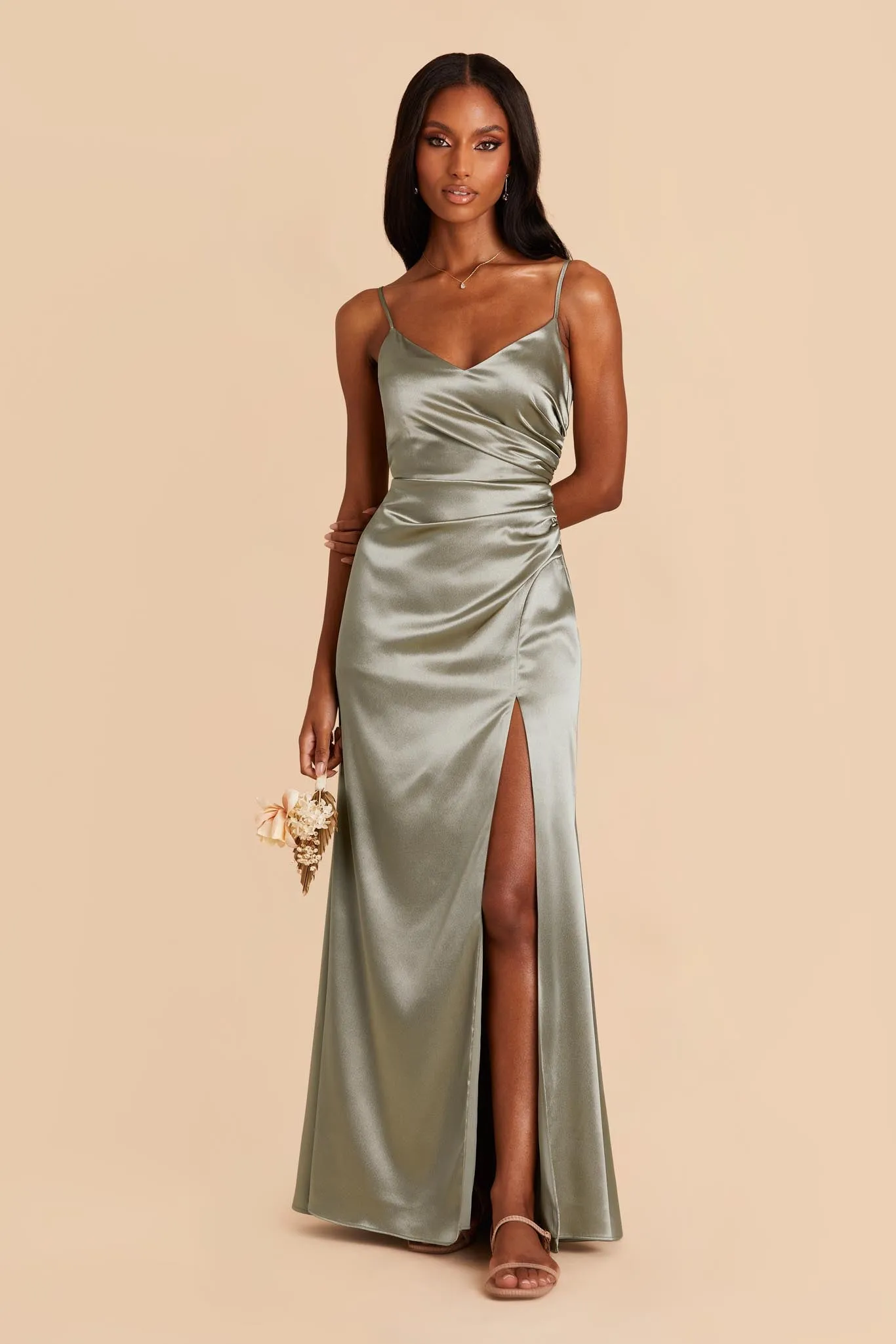 Catherine Shiny Satin Dress - Moss Green sold by Birdy Grey