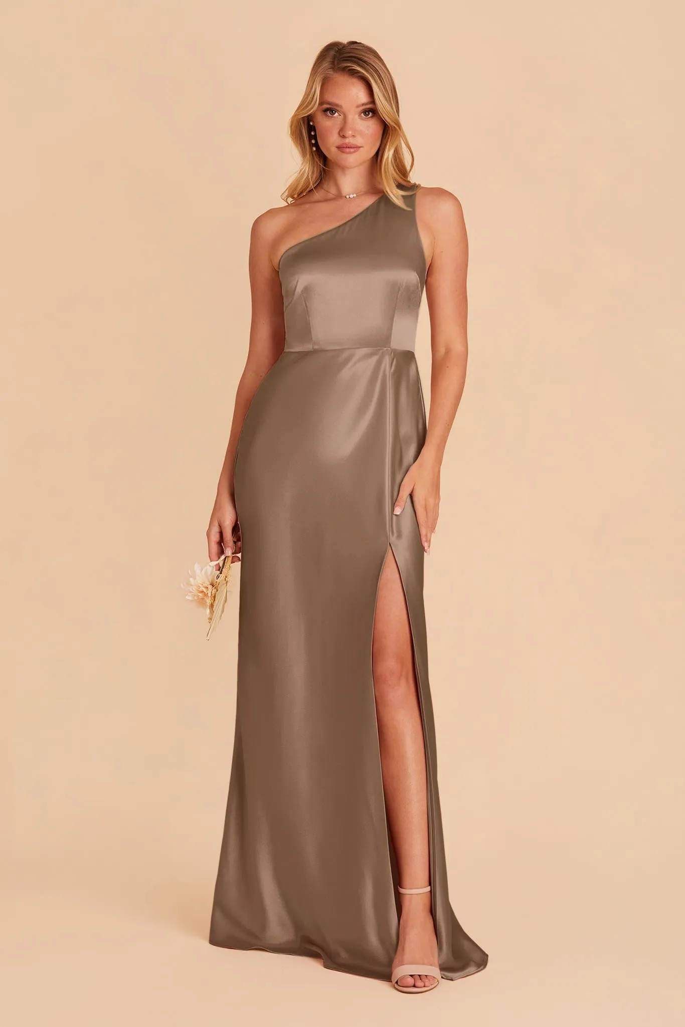 Kira Shiny Satin Dress - Mocha sold by Birdy Grey