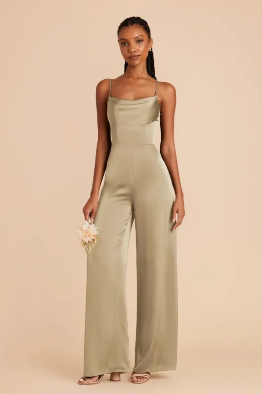 Donna Matte Satin Bridesmaid Jumpsuit - Moss Green sold by Birdy Grey