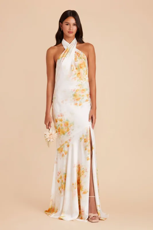 Stephanie Matte Satin Dress - White Blurred Floral sold by Birdy Grey