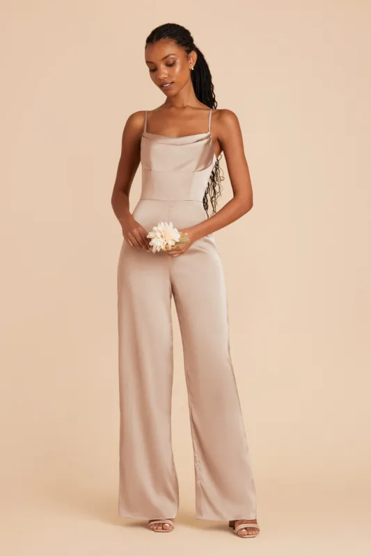 Donna Matte Satin Bridesmaid Jumpsuit - Taupe sold by Birdy Grey