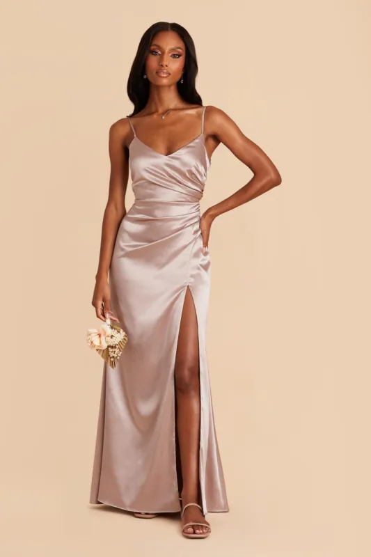 Catherine Shiny Satin Dress - Taupe sold by Birdy Grey