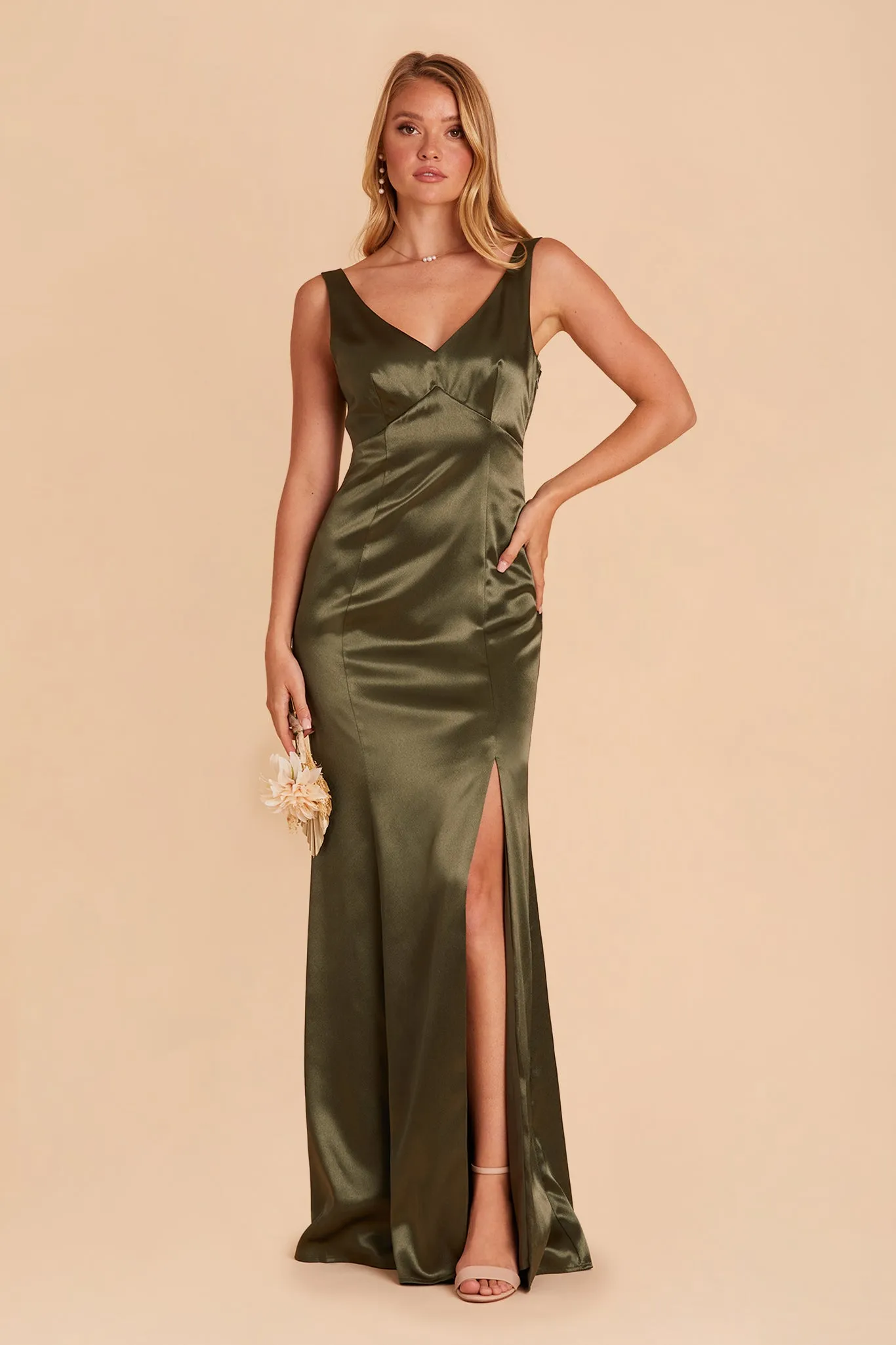 Gloria Shiny Satin Dress - Olive sold by Birdy Grey