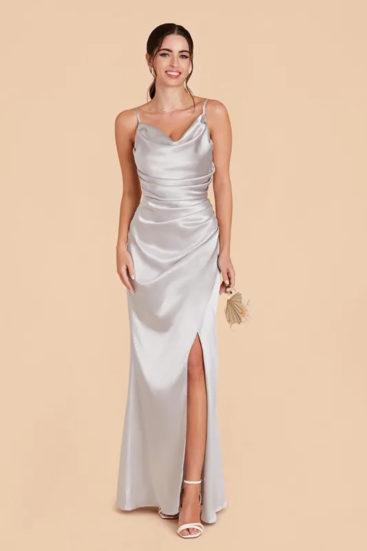 Lydia Shiny Satin Dress - Platinum sold by Birdy Grey