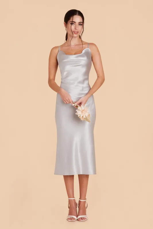 Lisa Shiny Satin Midi Dress - Platinum sold by Birdy Grey