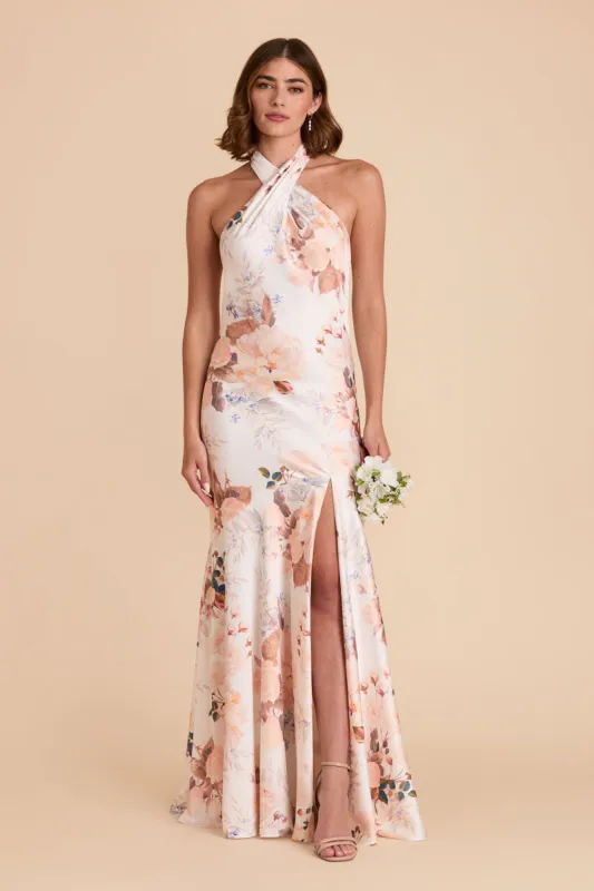 Stephanie Matte Satin Dress - Champagne Cascadia Bouquet sold by Birdy Grey