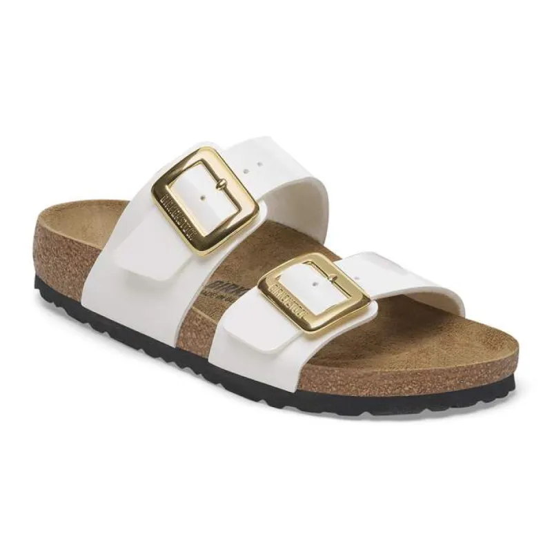 Sydney Luxe Buckle Birko-Flor Patent White Two-Strap Sandals made by Birkenstock