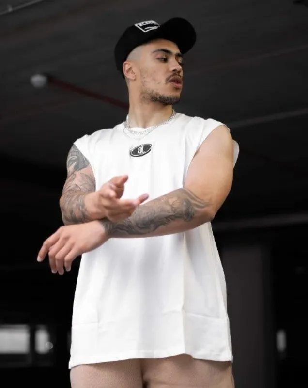 Off White Rubber Logo Oversized Sleeveless T-Shirt sold by Black Label