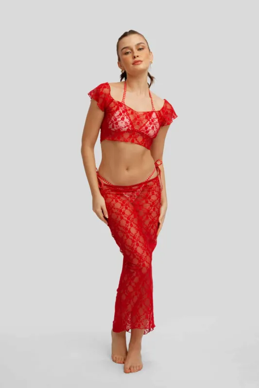 Lucia Crop Top and Midi Skirt Set / Wine Red sold by Blackbough