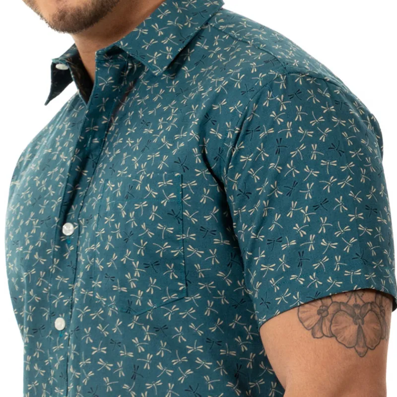 TEDDY Short Sleeve Shirt in Teal Green Japanese Dragonfly Print sold by Blade + Blue