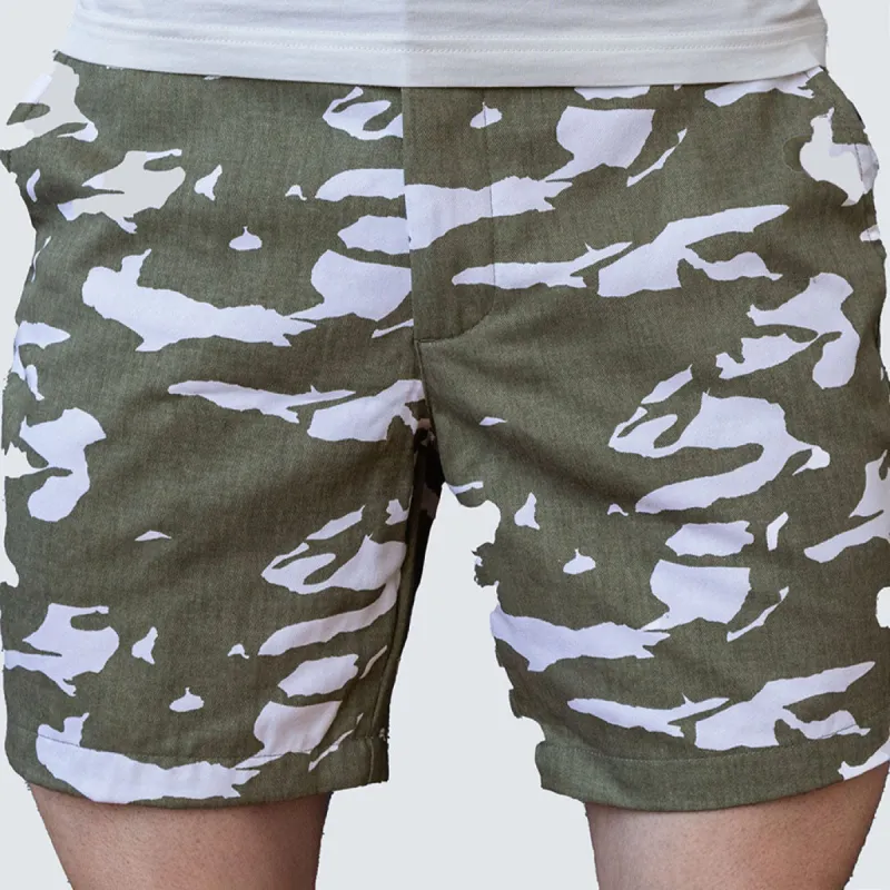 Olive & White Abstract Tiger Stripe Japanese Print Cotton Shorts - Made in USA (SIZE 32) sold by Blade + Blue