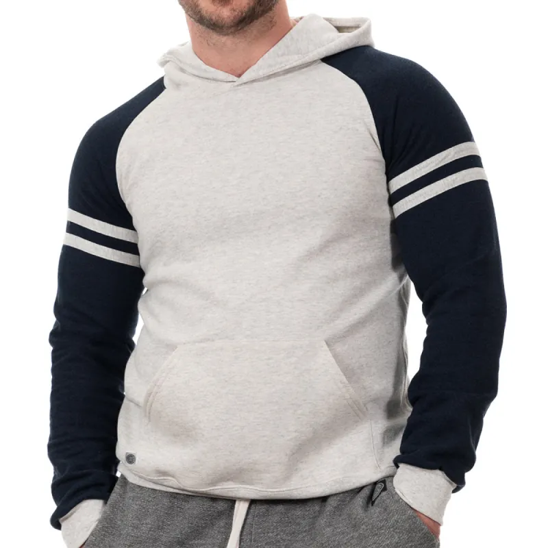 White Heather & Navy Varsity Stripe Popover Hoodie sold by Blade + Blue