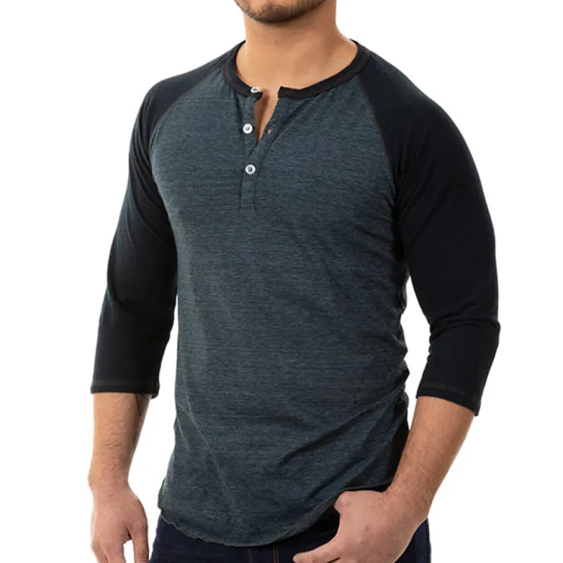Tonal Blue/Black Contrast 3/4 Raglan Sleeve Tri-Blend Henley Shirt (XXL Available) sold by Blade + Blue