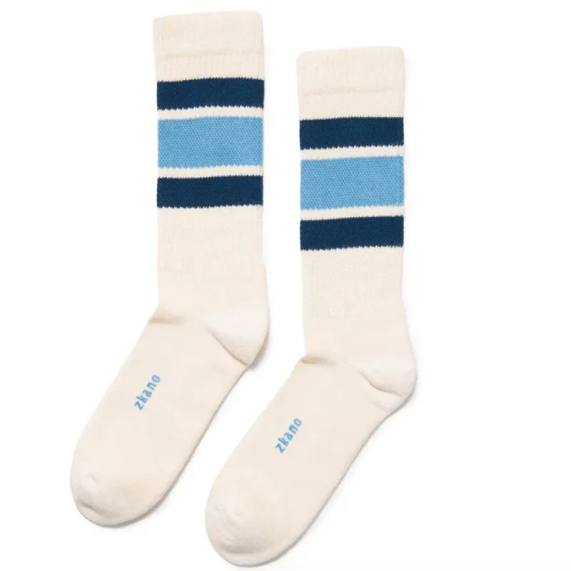 Sky Blue Cushioned Retro Stripe Crew Sock - Made In USA by Zkano sold by Blade + Blue