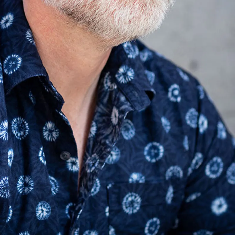 KARLTON Short Sleeve Shirt in Navy Blue Japanese Shibori Print (Size  S & L ) sold by Blade + Blue