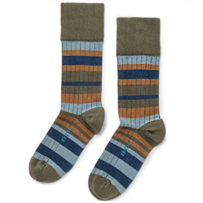 Army Green Sweater Stripe Crew Sock - Made In USA by Zkano sold by Blade + Blue