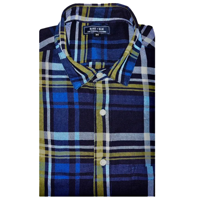 GARRETT Long Sleeve Shirt in Navy Cobalt Gold Check (Size L) sold by Blade + Blue