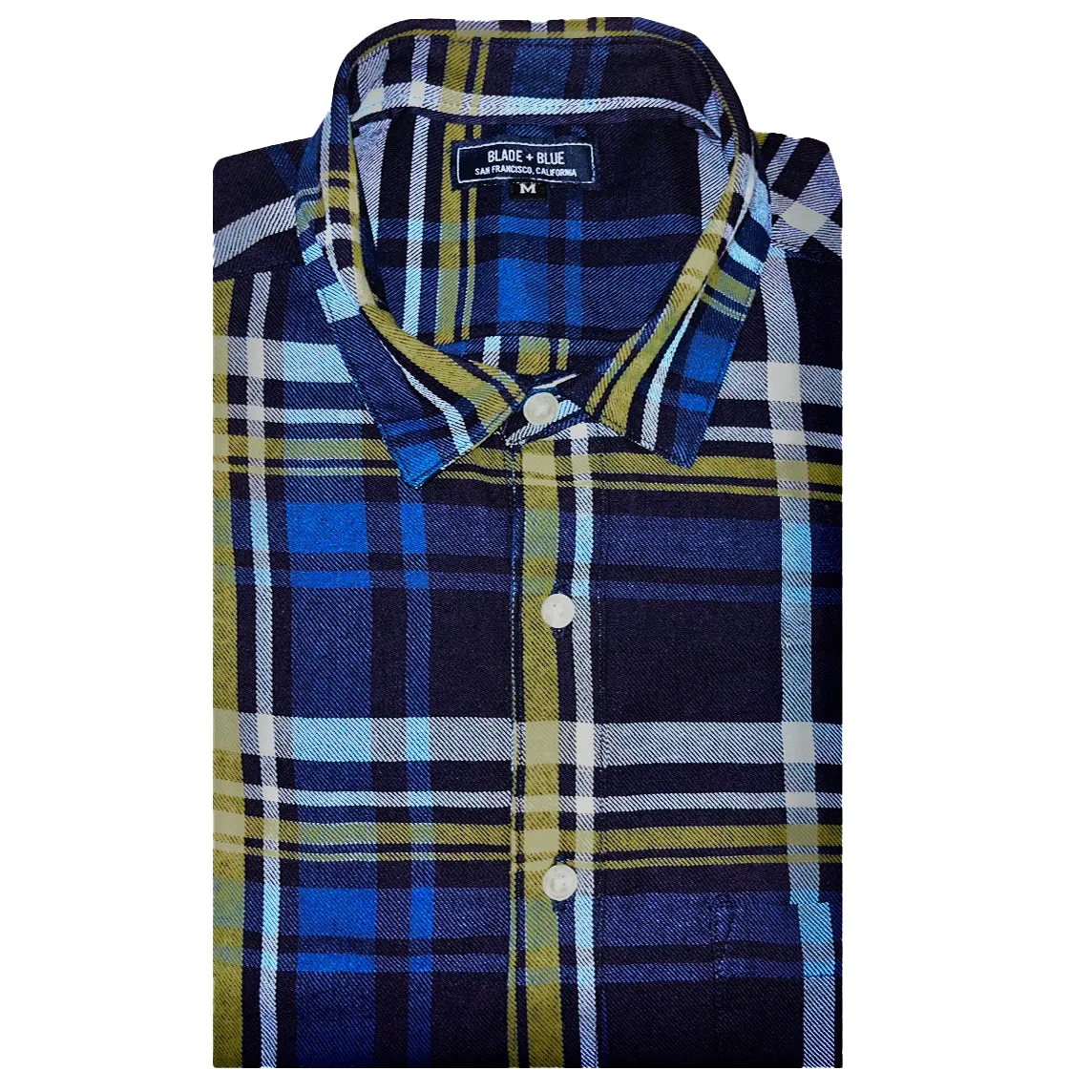 GARRETT Long Sleeve Shirt in Navy Cobalt Gold Check (Size L) sold by Blade + Blue