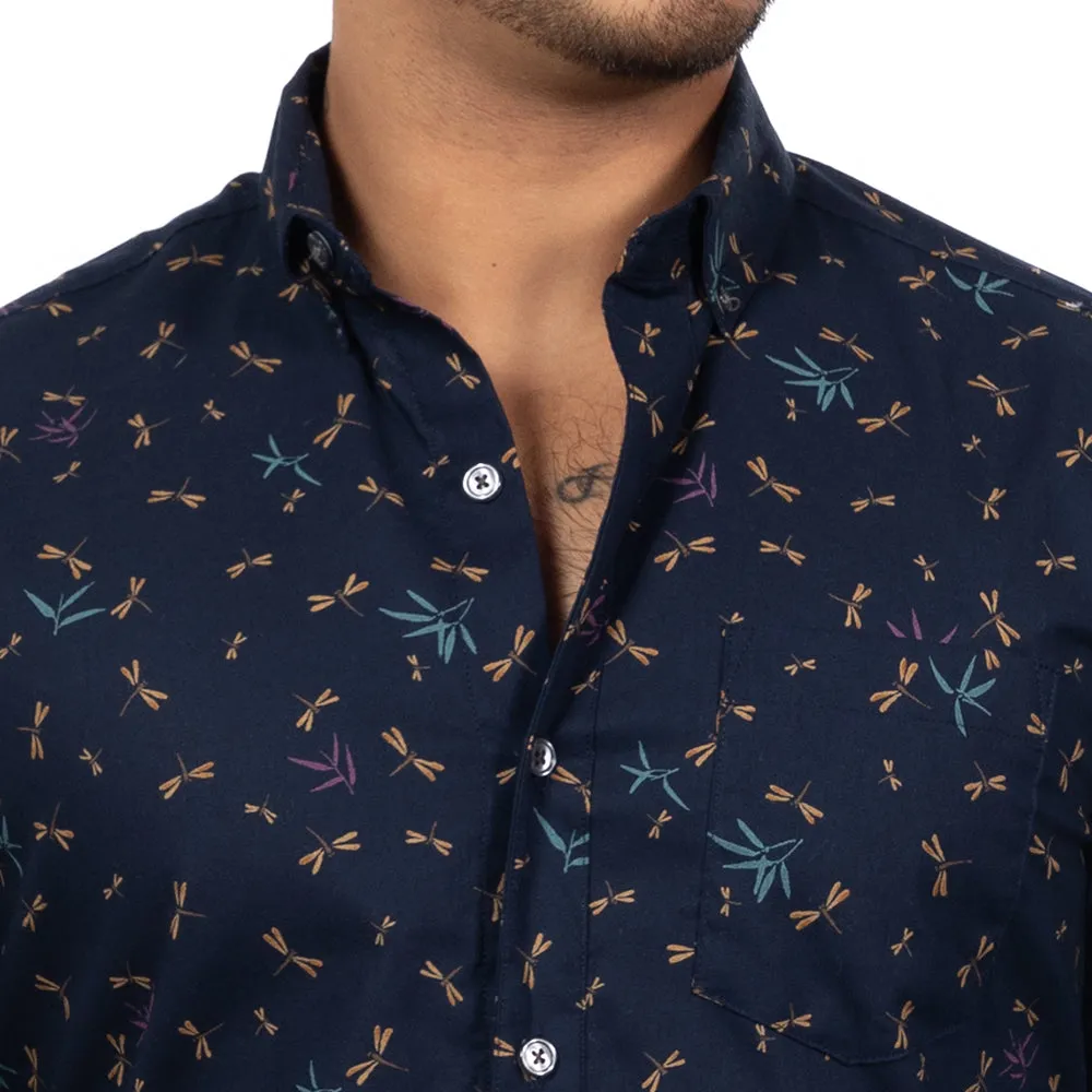 STEELE Long Sleeve Shirt in Navy Blue Traditional Japanese Dragonfly Print sold by Blade + Blue