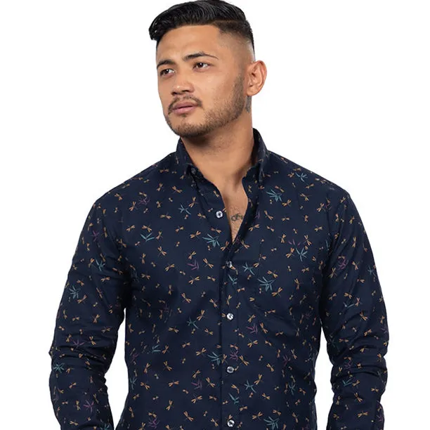 STEELE Long Sleeve Shirt in Navy Blue Traditional Japanese Dragonfly Print sold by Blade + Blue product image thumbnail 2