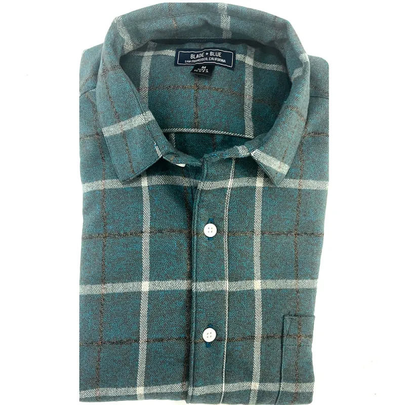 NICKELSON Long Sleeve Shirt in Brushed Cotton Teal Plaid Herringbone Weave Plaid (SIZE XL) sold by Blade + Blue