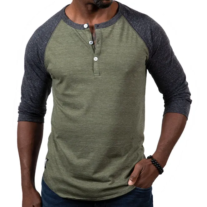Olive & Charcoal Grey 3/4 Raglan Sleeve Tri-Blend Henley Shirt (XXL Available) sold by Blade + Blue