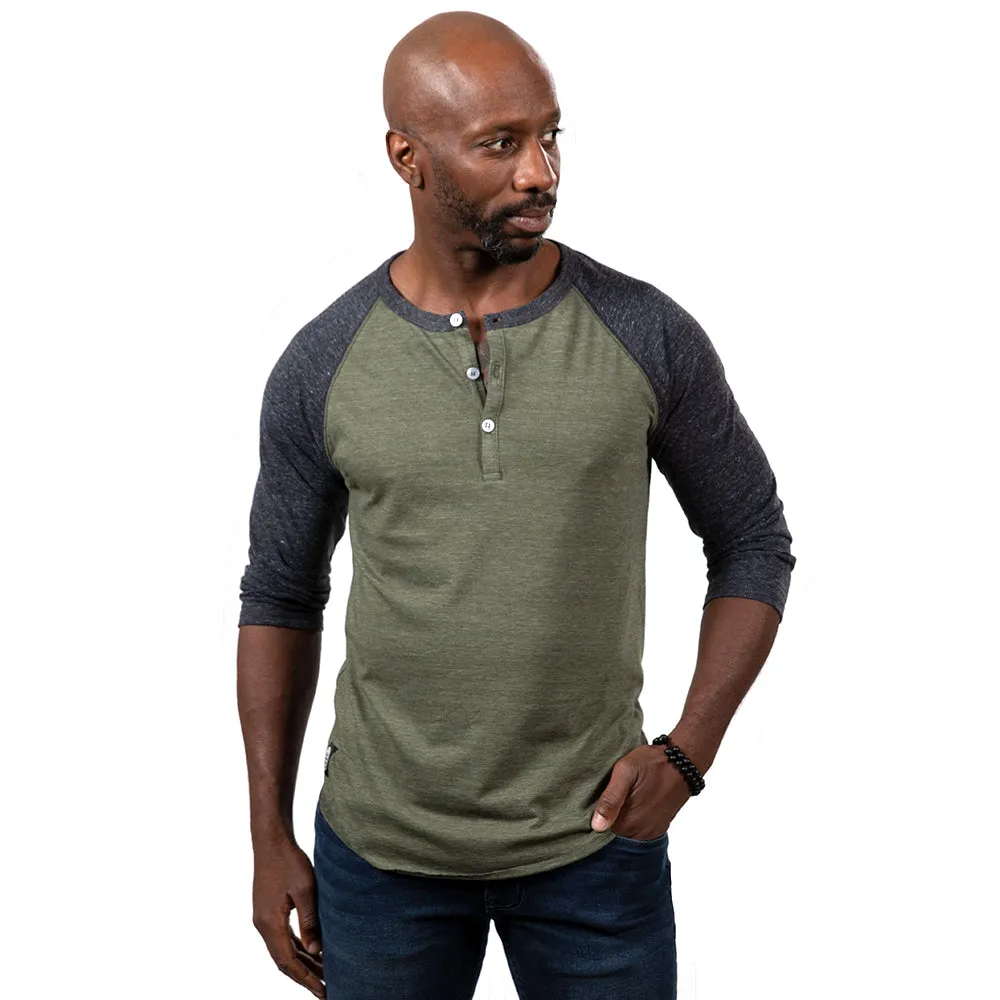 Olive & Charcoal Grey 3/4 Raglan Sleeve Tri-Blend Henley Shirt (XXL Available) sold by Blade + Blue product image thumbnail 4