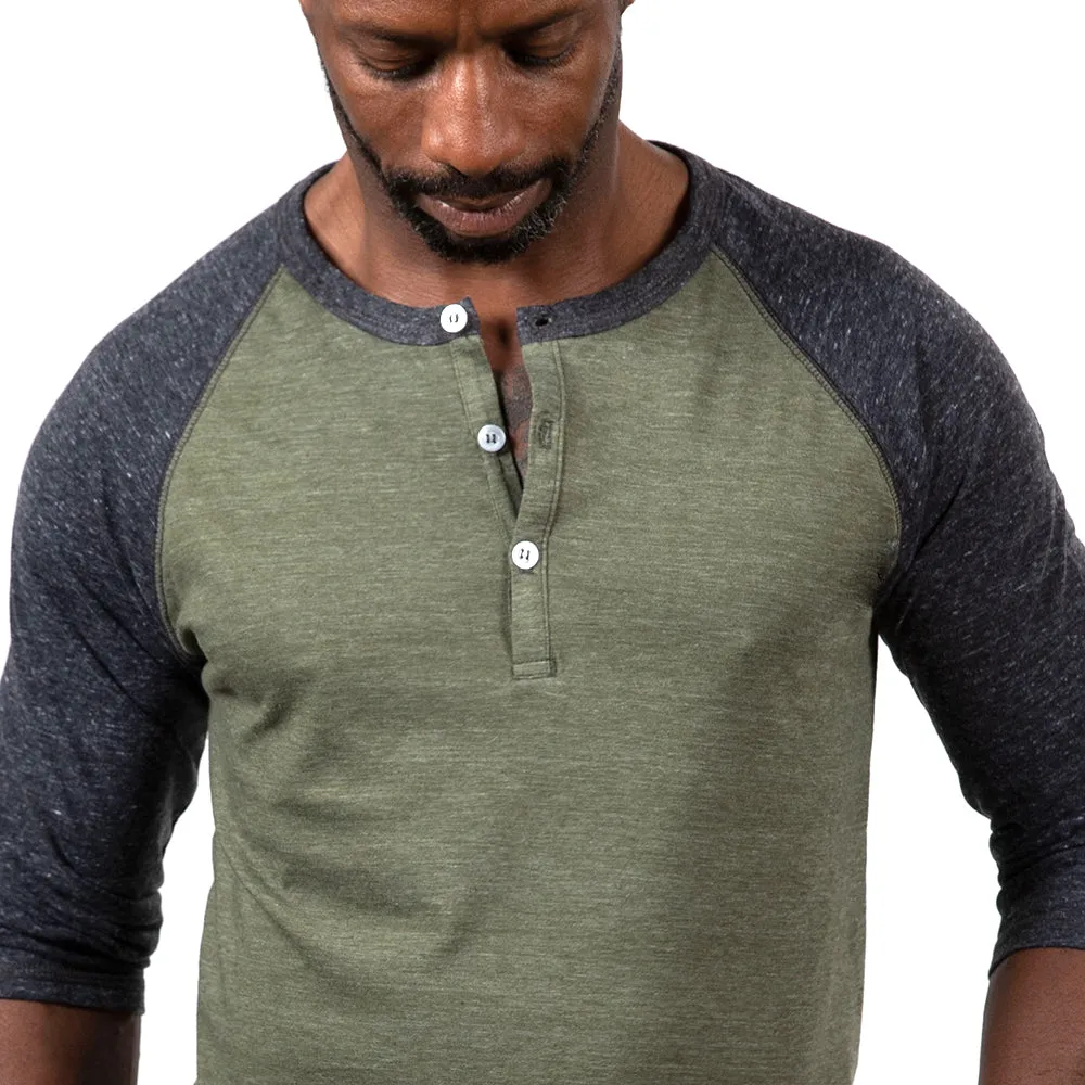 Olive & Charcoal Grey 3/4 Raglan Sleeve Tri-Blend Henley Shirt (XXL Available) sold by Blade + Blue product image thumbnail 2