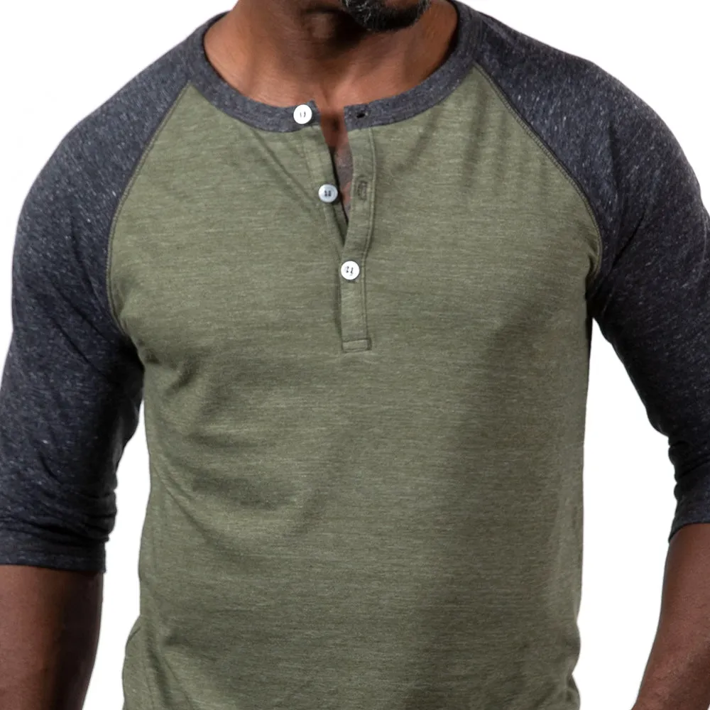 Olive & Charcoal Grey 3/4 Raglan Sleeve Tri-Blend Henley Shirt (XXL Available) sold by Blade + Blue product image thumbnail 3