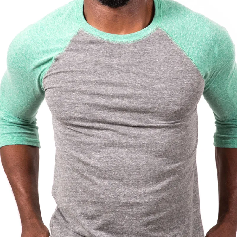 Green Heather & Grey Heather 3/4 Raglan Sleeve Tri-Blend Baseball Tee (Size S Available) sold by Blade + Blue