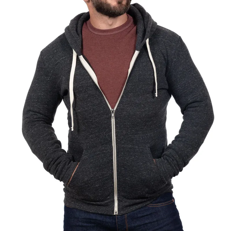 Charcoal Heather Marled Full Zip Hooded Tri-Blend Fleece Sweatshirt - Made in USA sold by Blade + Blue